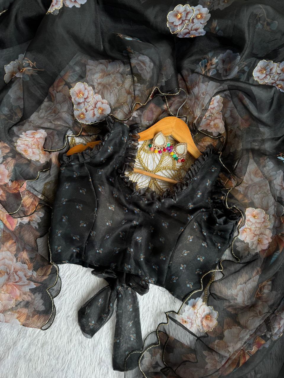 Black floral print saree