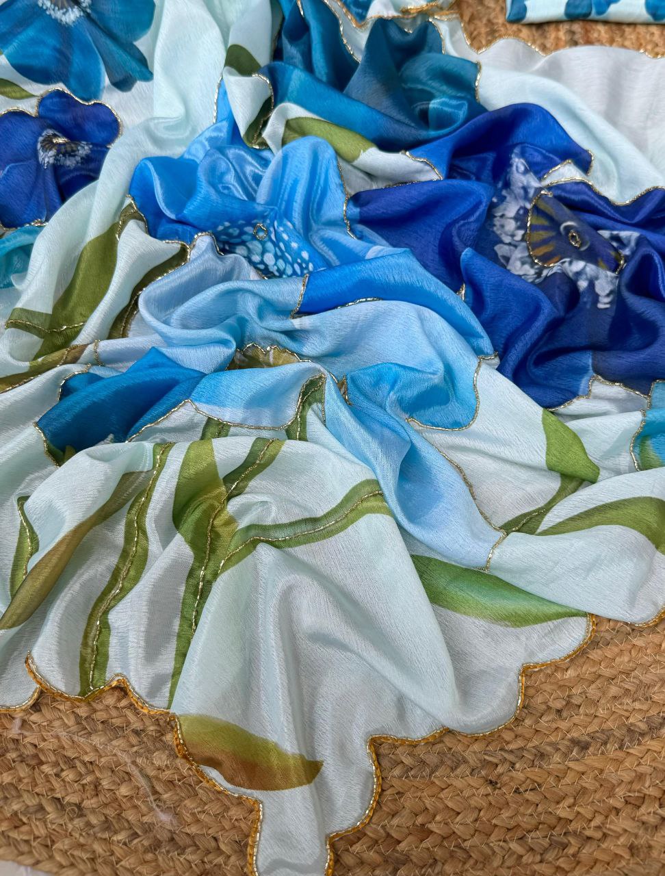 Blue floral print saree