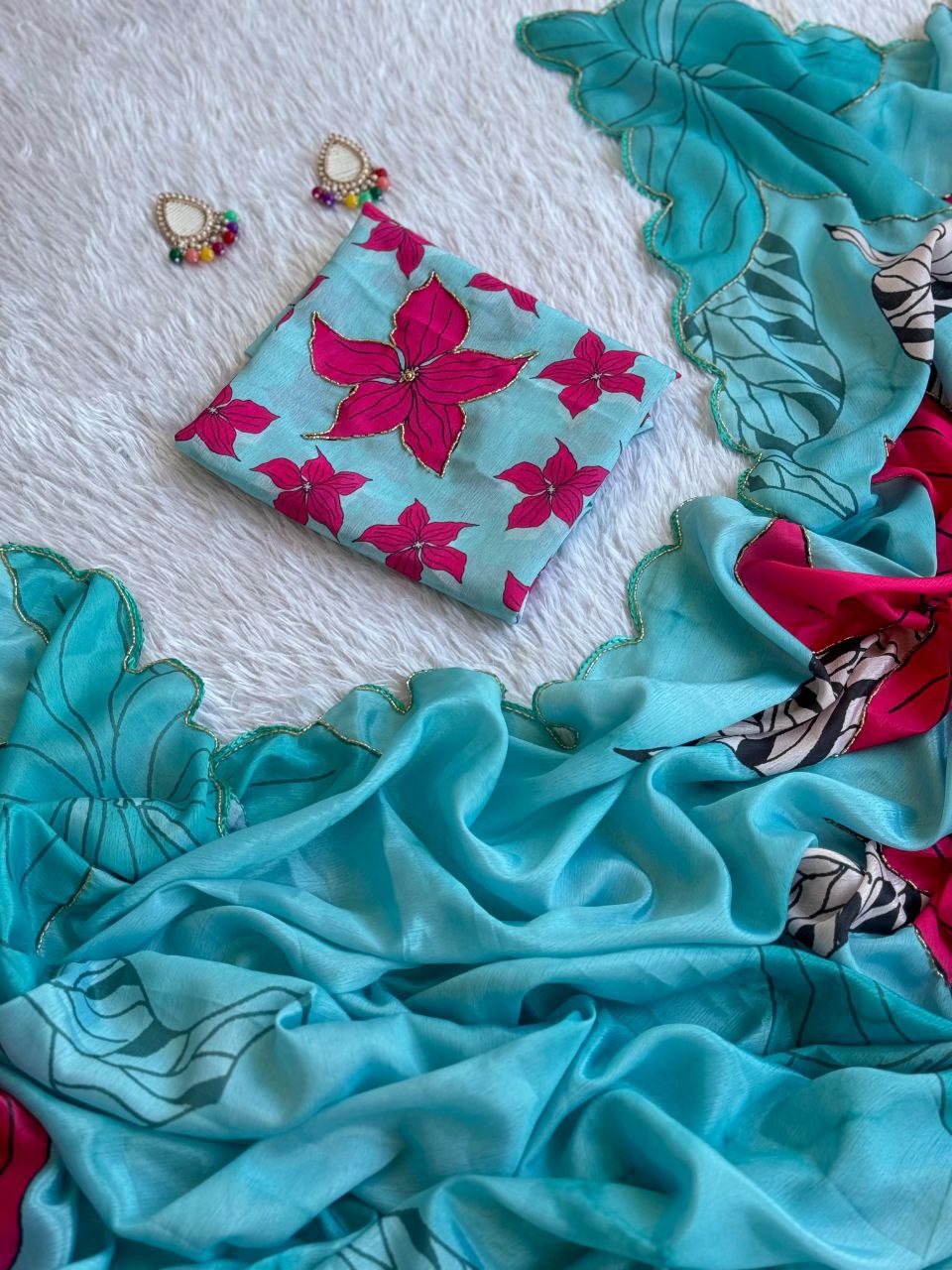 DIGITAL PRINT SAREE WITH CUTDANA BORDER AND SEQUENCE HANDWORK..!