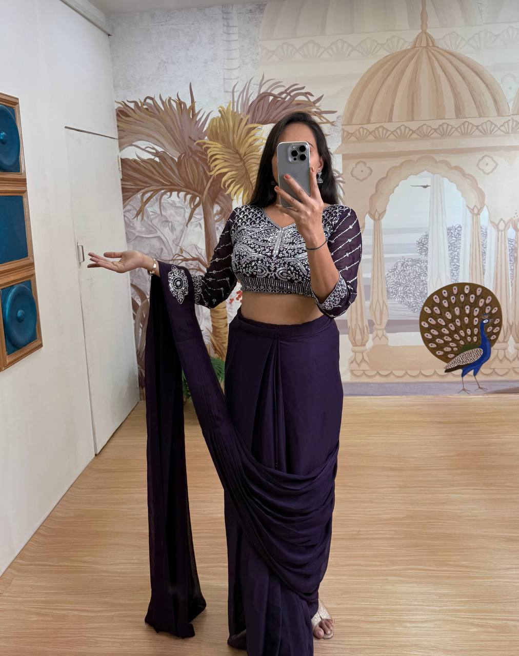 Ready-to-Wear Embroidered Drape Saree with Designer Blouse & Belt