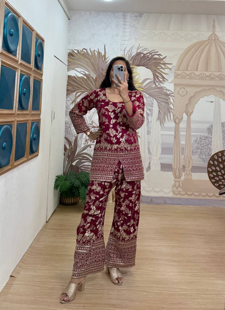 Elegant Summer Co-Ord Set in Dola Silk with Embroidered Detailing