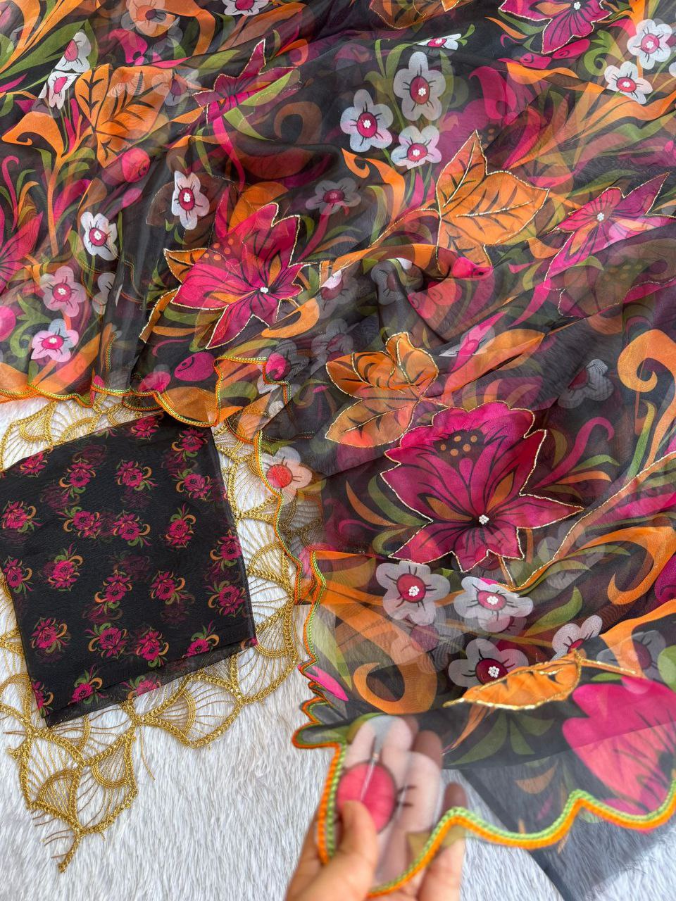 ORGANZA SAREE WITH DOUBLE MULTI AARKA BORDER