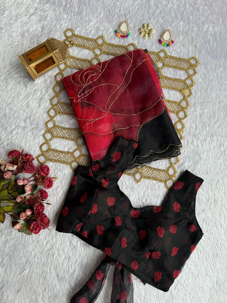 Black saree with red floral print