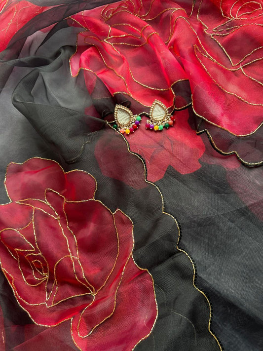 Black saree with red floral print