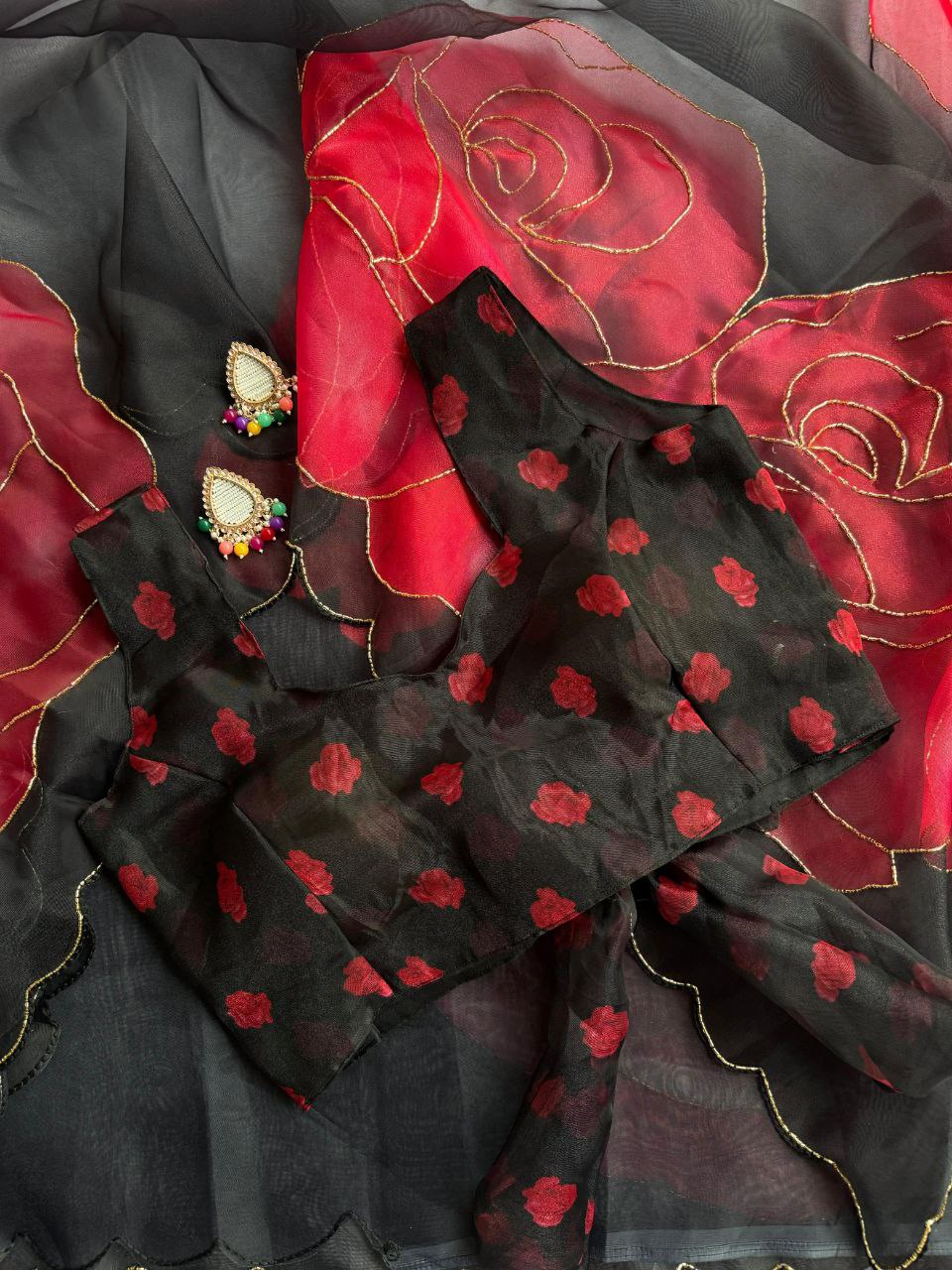 Black saree with red floral print