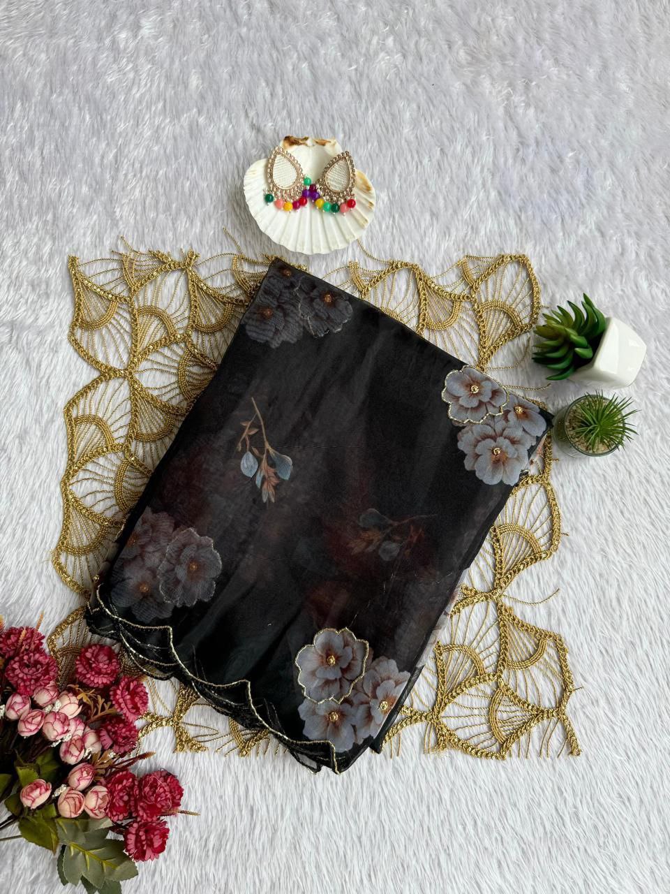 Black floral print saree