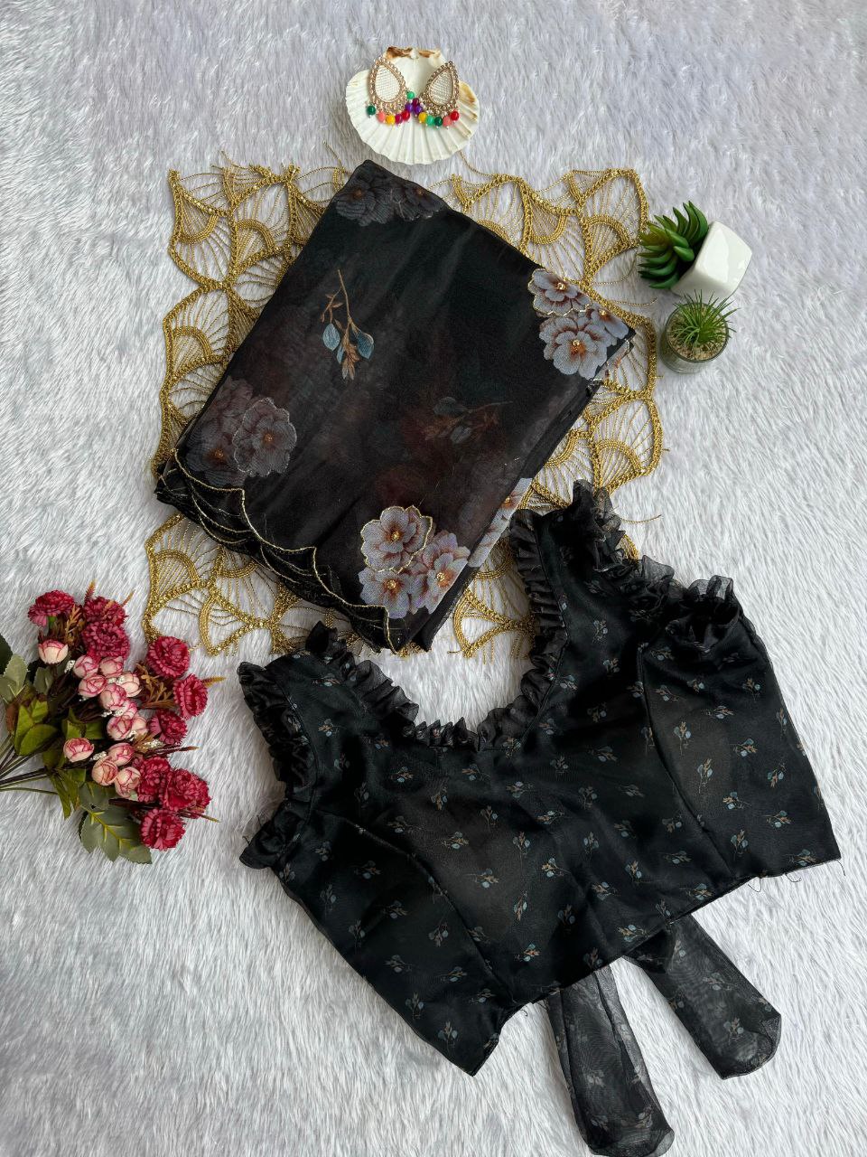 Black floral print saree
