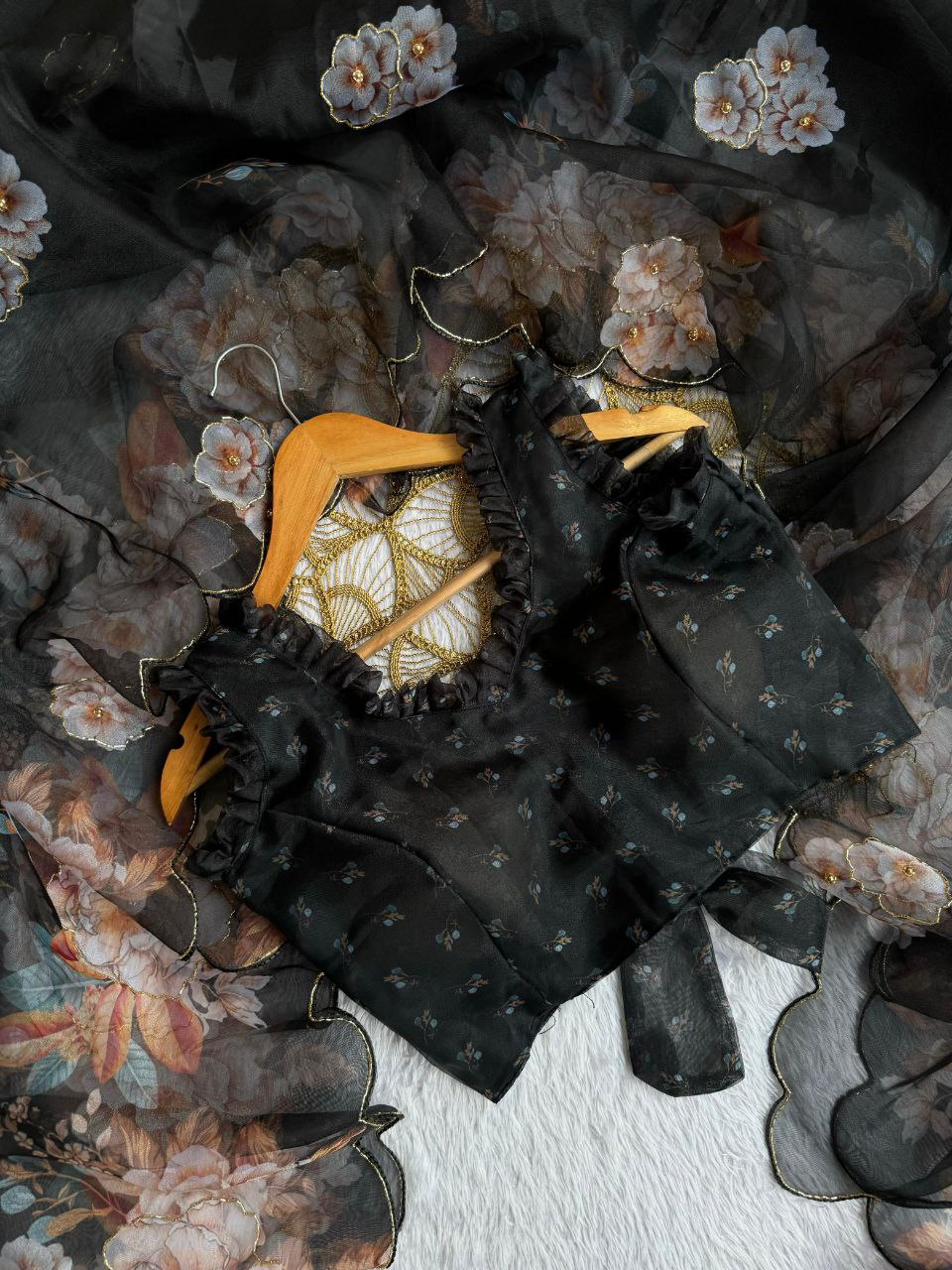 Black floral print saree
