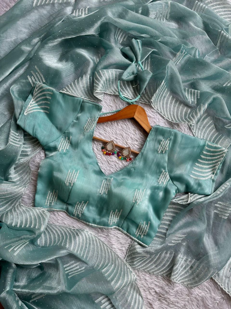 JIMI CHU SILK SAREE WITH HEAVY THREAD EMBROIDERY AND SIROSKI DIMOND WORK