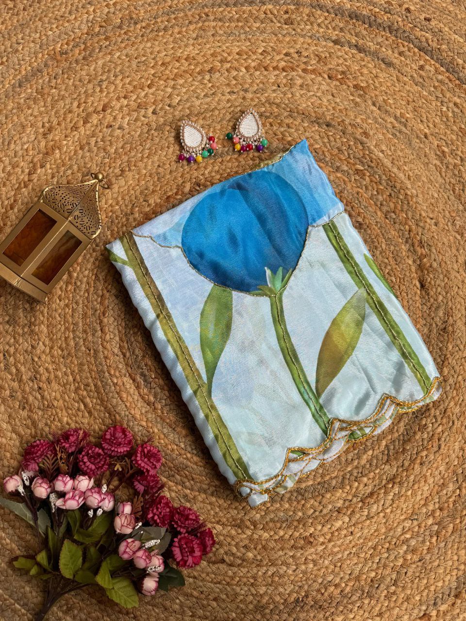 Blue floral print saree