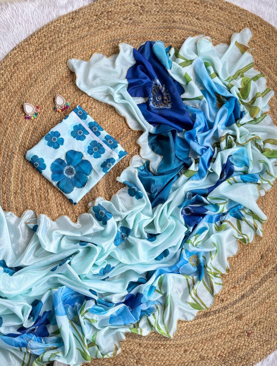 Blue floral print saree