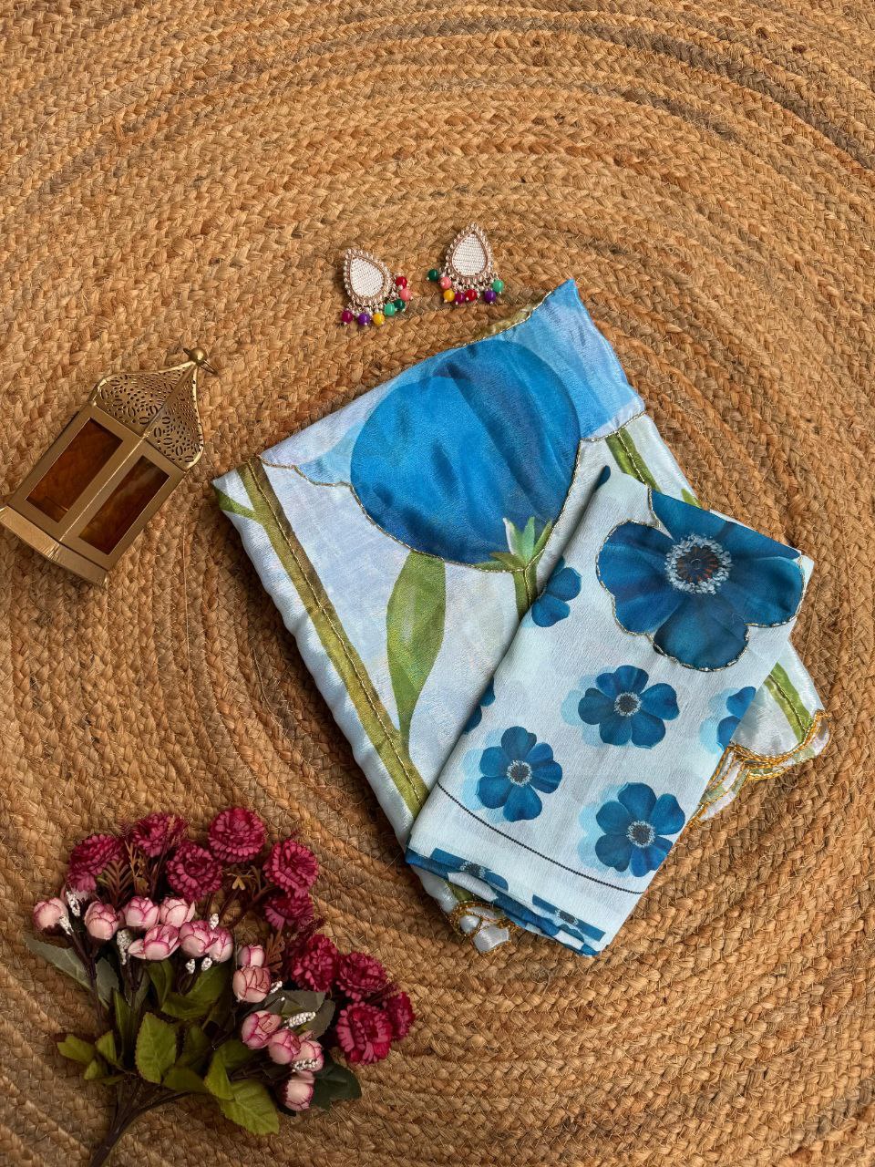 Blue floral print saree
