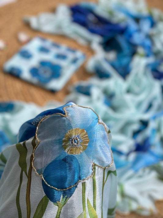 Blue floral print saree