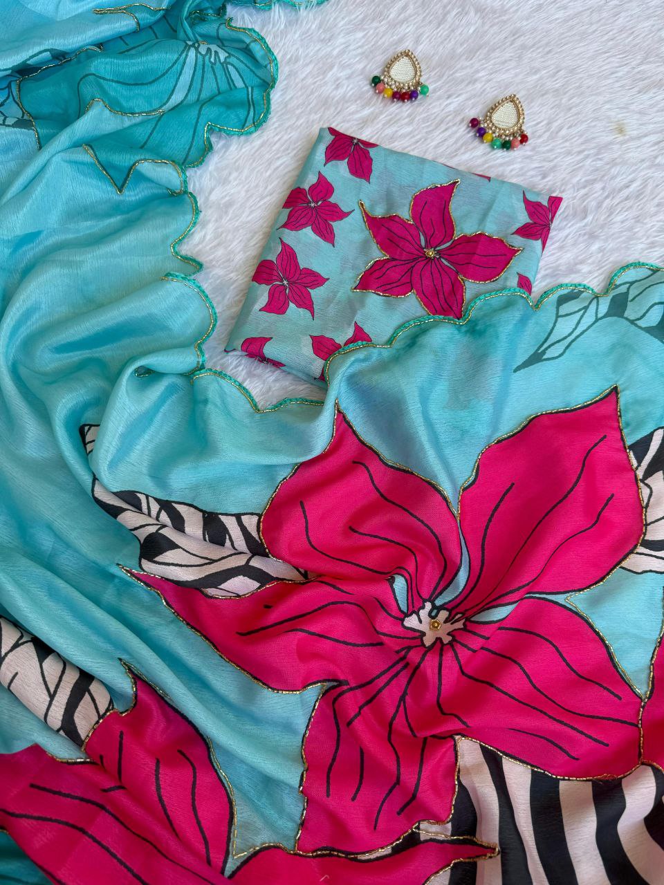 DIGITAL PRINT SAREE WITH CUTDANA BORDER AND SEQUENCE HANDWORK..!