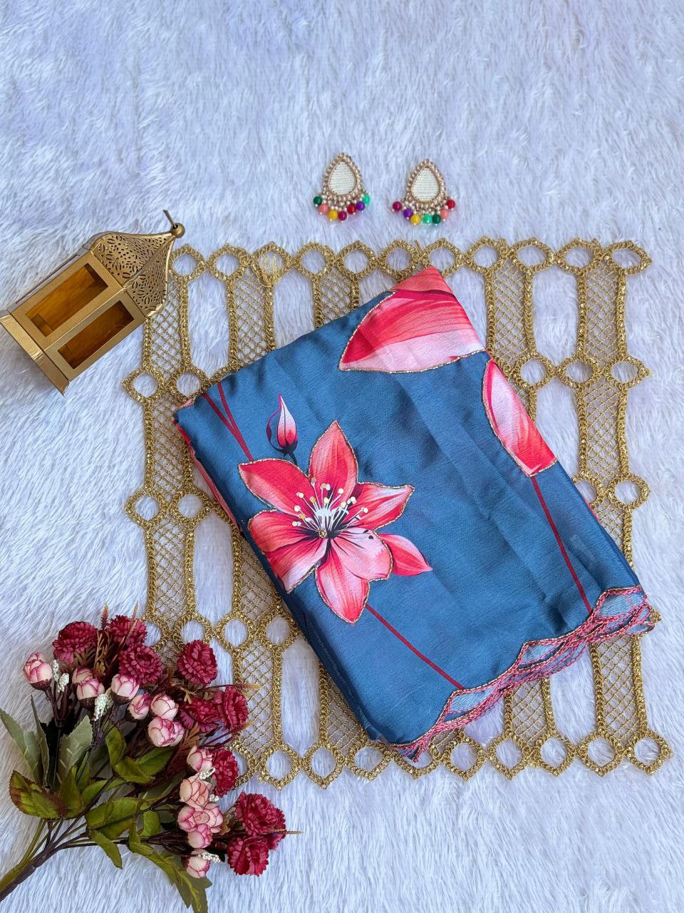 PURE CHINON SILK DIGITAL PRINT SAREE WITH GOLD RAINBOW CUTDANA BORDER AND CUTDANA HANDWORK..!