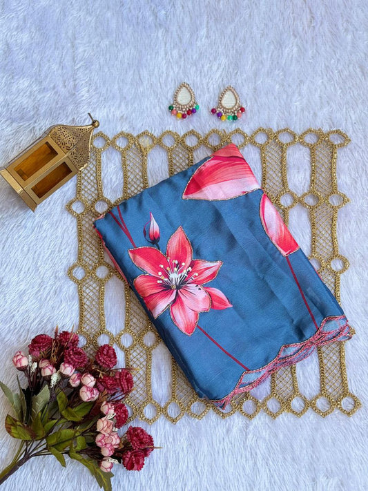 PURE CHINON SILK DIGITAL PRINT SAREE WITH GOLD RAINBOW CUTDANA BORDER AND CUTDANA HANDWORK..!