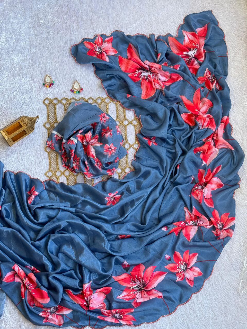 PURE CHINON SILK DIGITAL PRINT SAREE WITH GOLD RAINBOW CUTDANA BORDER AND CUTDANA HANDWORK..!