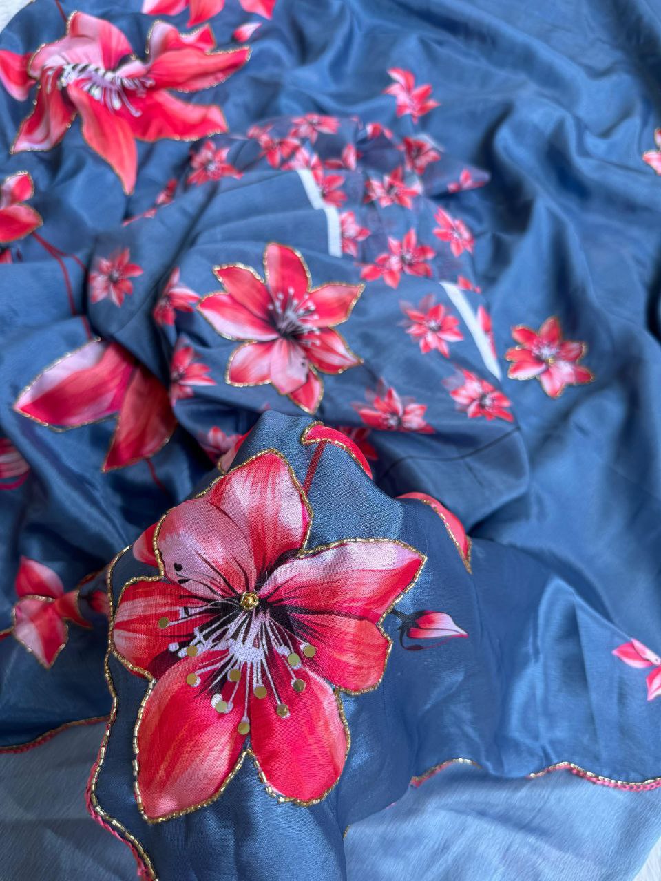 PURE CHINON SILK DIGITAL PRINT SAREE WITH GOLD RAINBOW CUTDANA BORDER AND CUTDANA HANDWORK..!