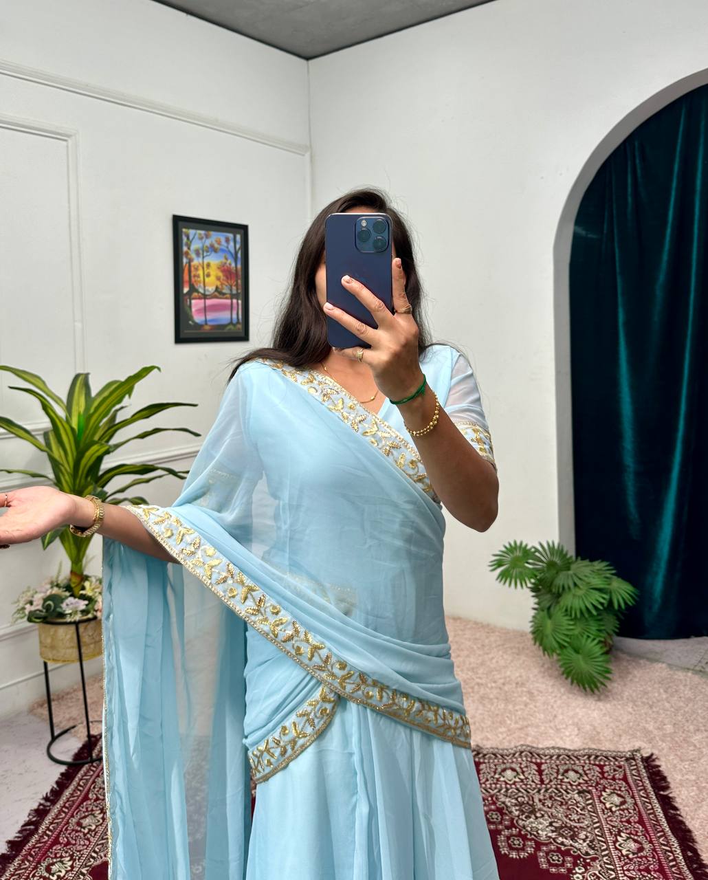 Ready-to-Wear Saree Gown with Embroidery & Dupatta – Elegant Party Look