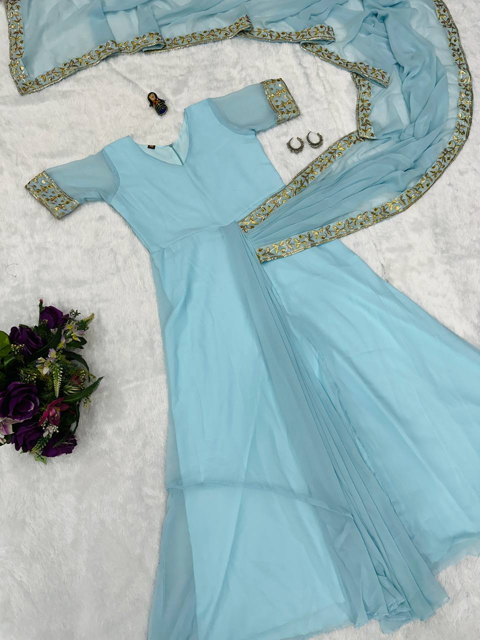 Ready-to-Wear Saree Gown with Embroidery & Dupatta – Elegant Party Look