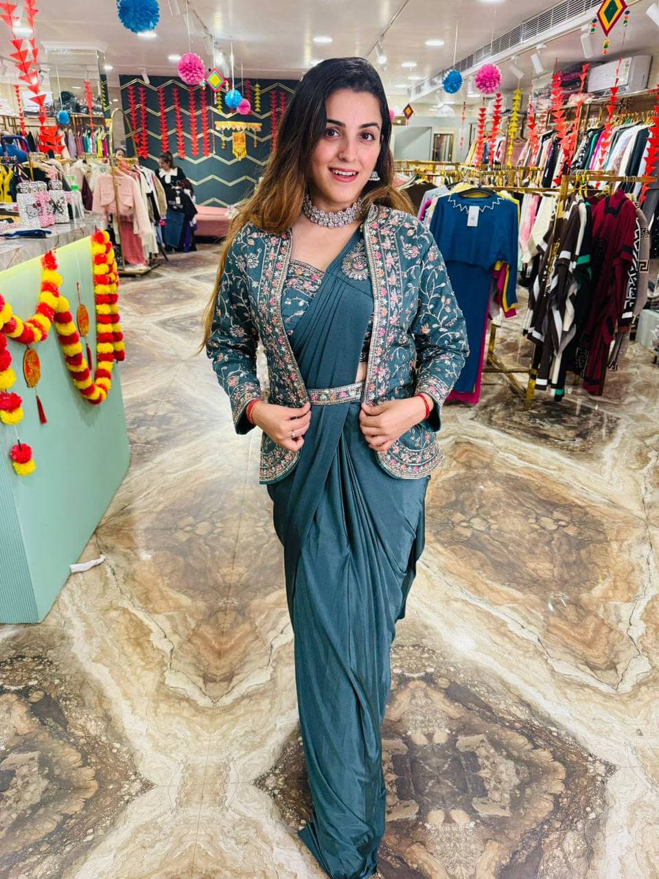 Indo-Western Ready-to-Wear Saree with Embroidered Koti & Waist Belt – Rangoli Silk