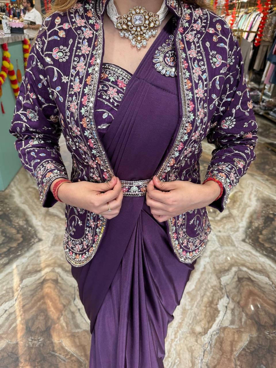 Indo-Western Ready-to-Wear Saree with Embroidered Koti & Waist Belt – Rangoli Silk