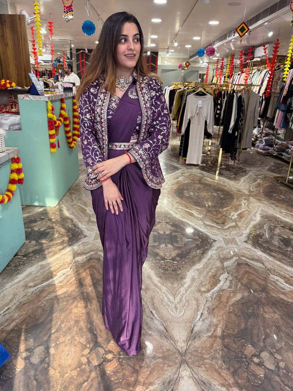 Indo-Western Ready-to-Wear Saree with Embroidered Koti & Waist Belt – Rangoli Silk