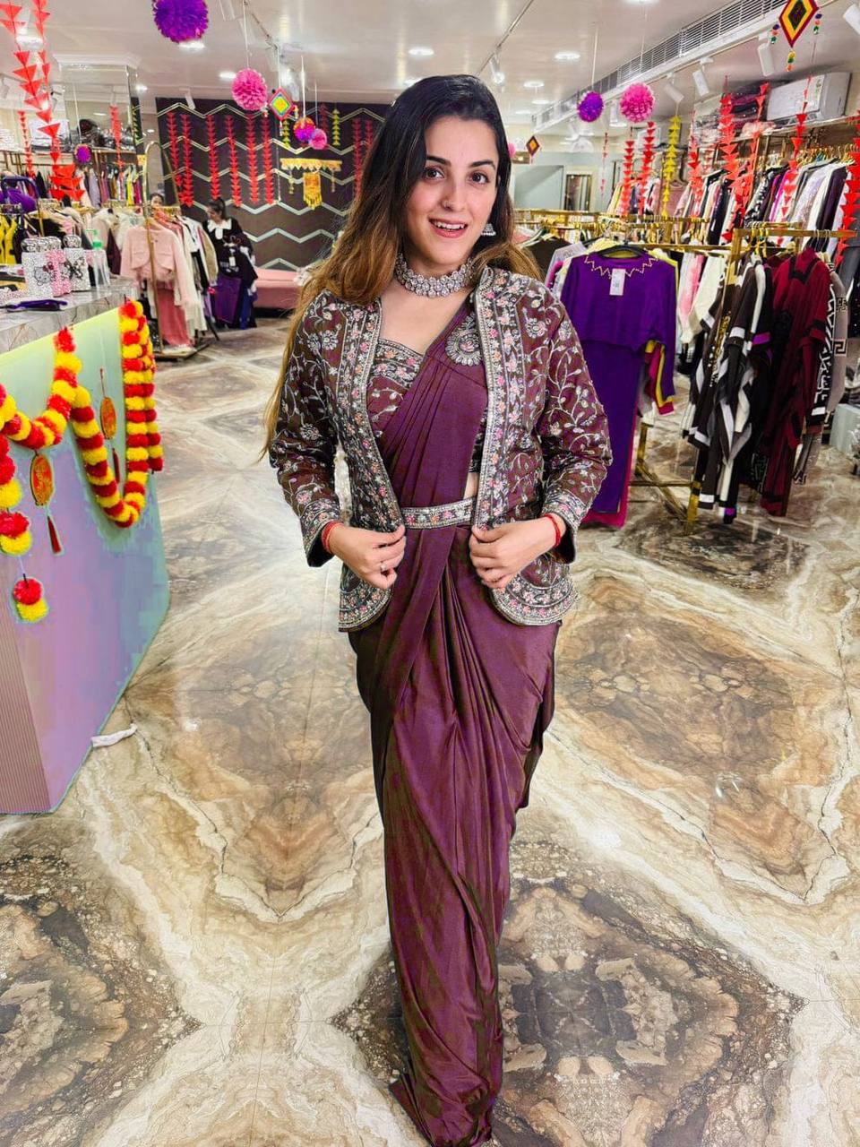 Indo-Western Ready-to-Wear Saree with Embroidered Koti & Waist Belt – Rangoli Silk