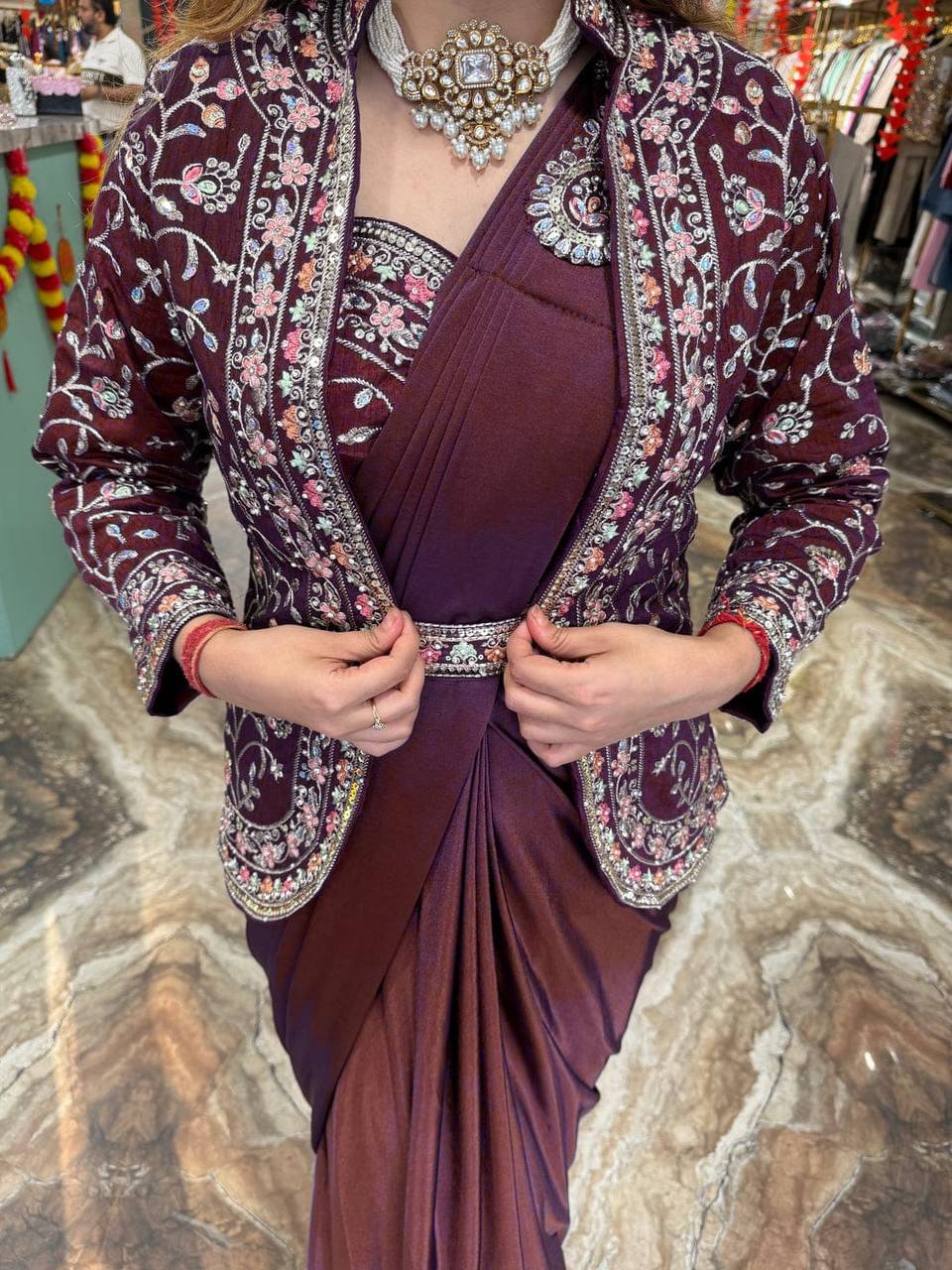 Indo-Western Ready-to-Wear Saree with Embroidered Koti & Waist Belt – Rangoli Silk