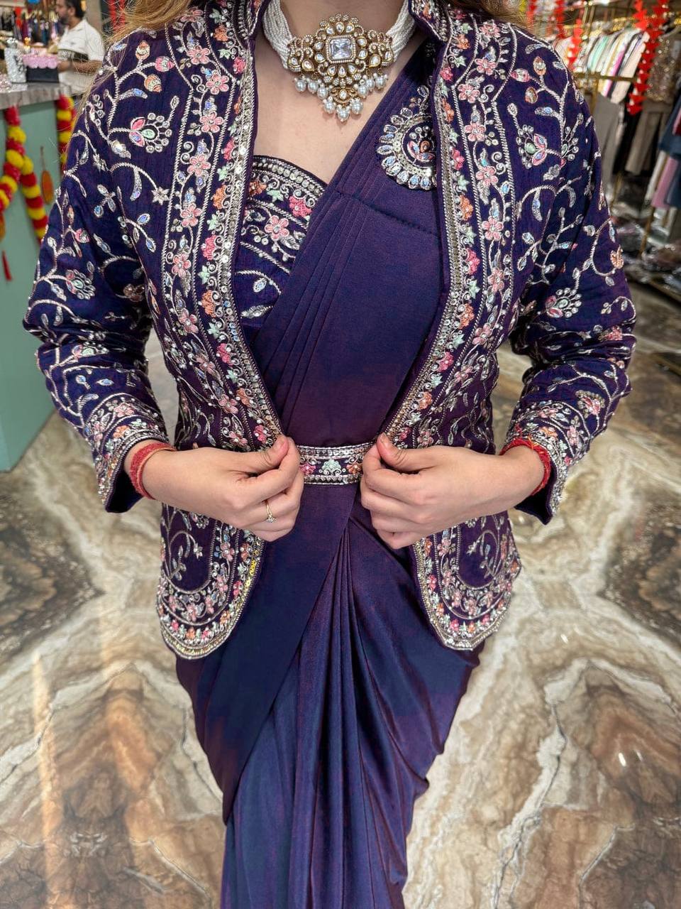 Indo-Western Ready-to-Wear Saree with Embroidered Koti & Waist Belt – Rangoli Silk