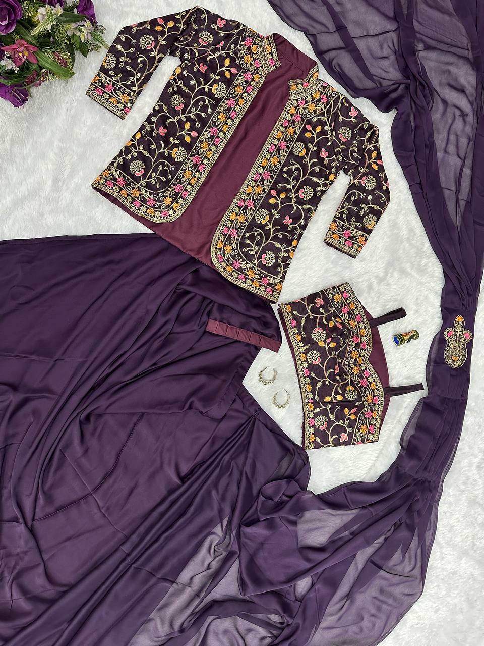 Indo-Western Ready-to-Wear Saree with Embroidered Koti & Waist Belt – Rangoli Silk