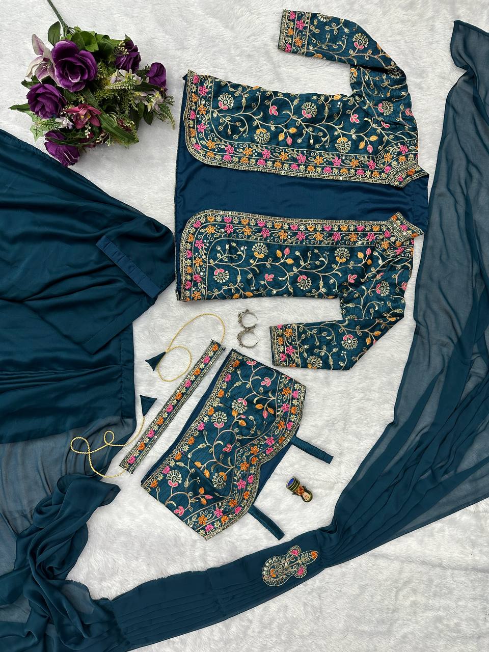 Indo-Western Ready-to-Wear Saree with Embroidered Koti & Waist Belt – Rangoli Silk