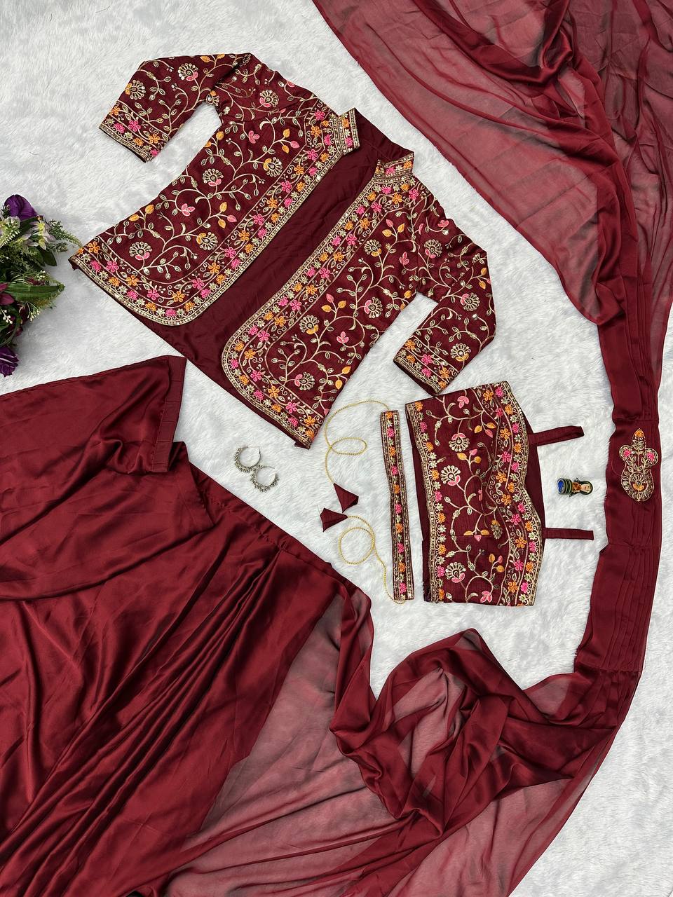 Indo-Western Ready-to-Wear Saree with Embroidered Koti & Waist Belt – Rangoli Silk