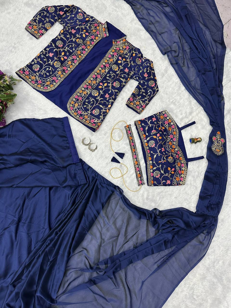 Indo-Western Ready-to-Wear Saree with Embroidered Koti & Waist Belt – Rangoli Silk