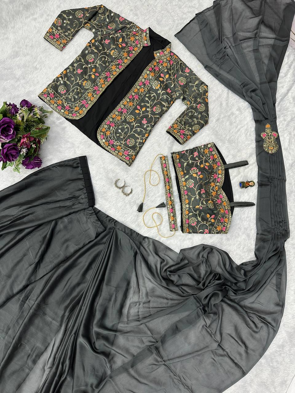 Indo-Western Ready-to-Wear Saree with Embroidered Koti & Waist Belt – Rangoli Silk