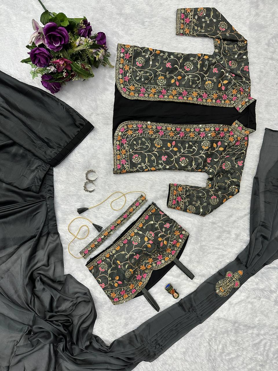 Indo-Western Ready-to-Wear Saree with Embroidered Koti & Waist Belt – Rangoli Silk