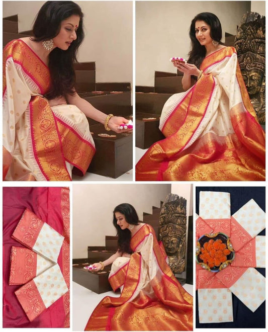 White and Red color Designer Beautiful Saree