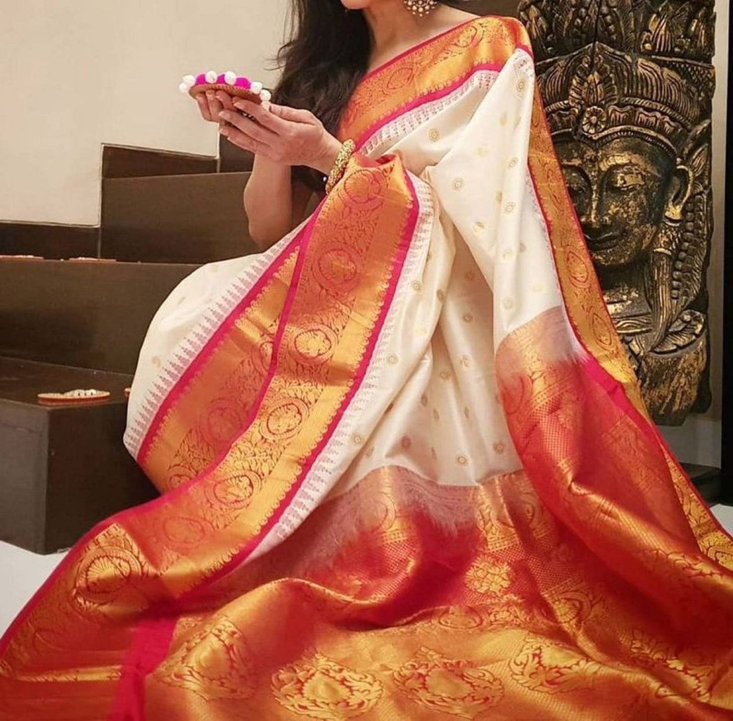 White and Red color Designer Beautiful Saree