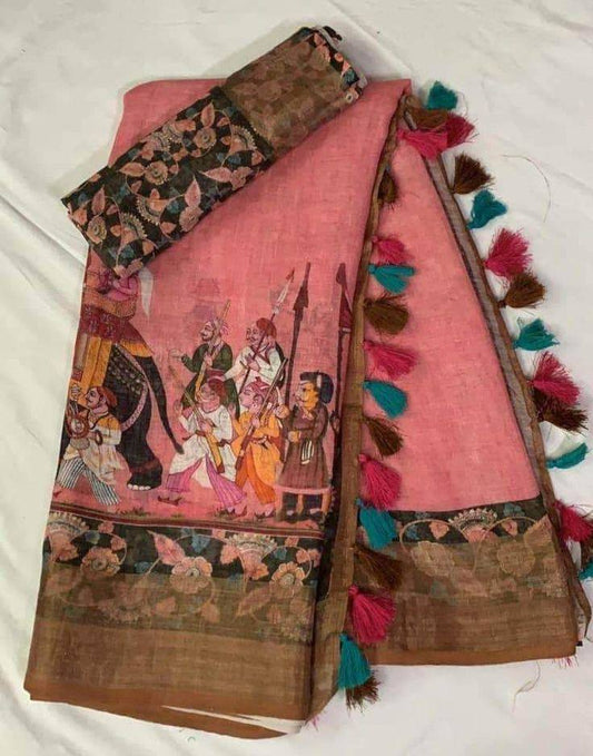 Linen Saree With Silver Zari Work