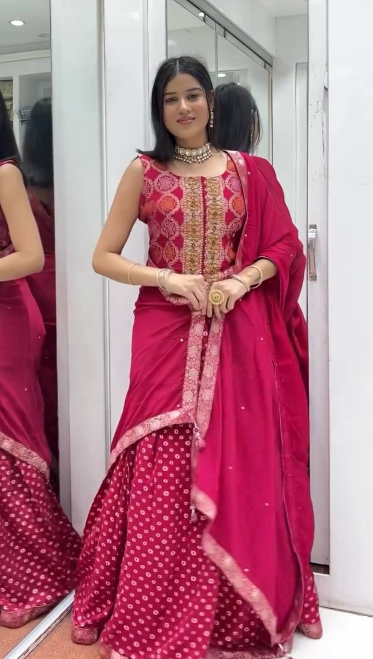 Premium Chinon 3-Piece Set – Embroidered Banarasi short kurti, Digital Print Lehenga & Lace Border Dupatta