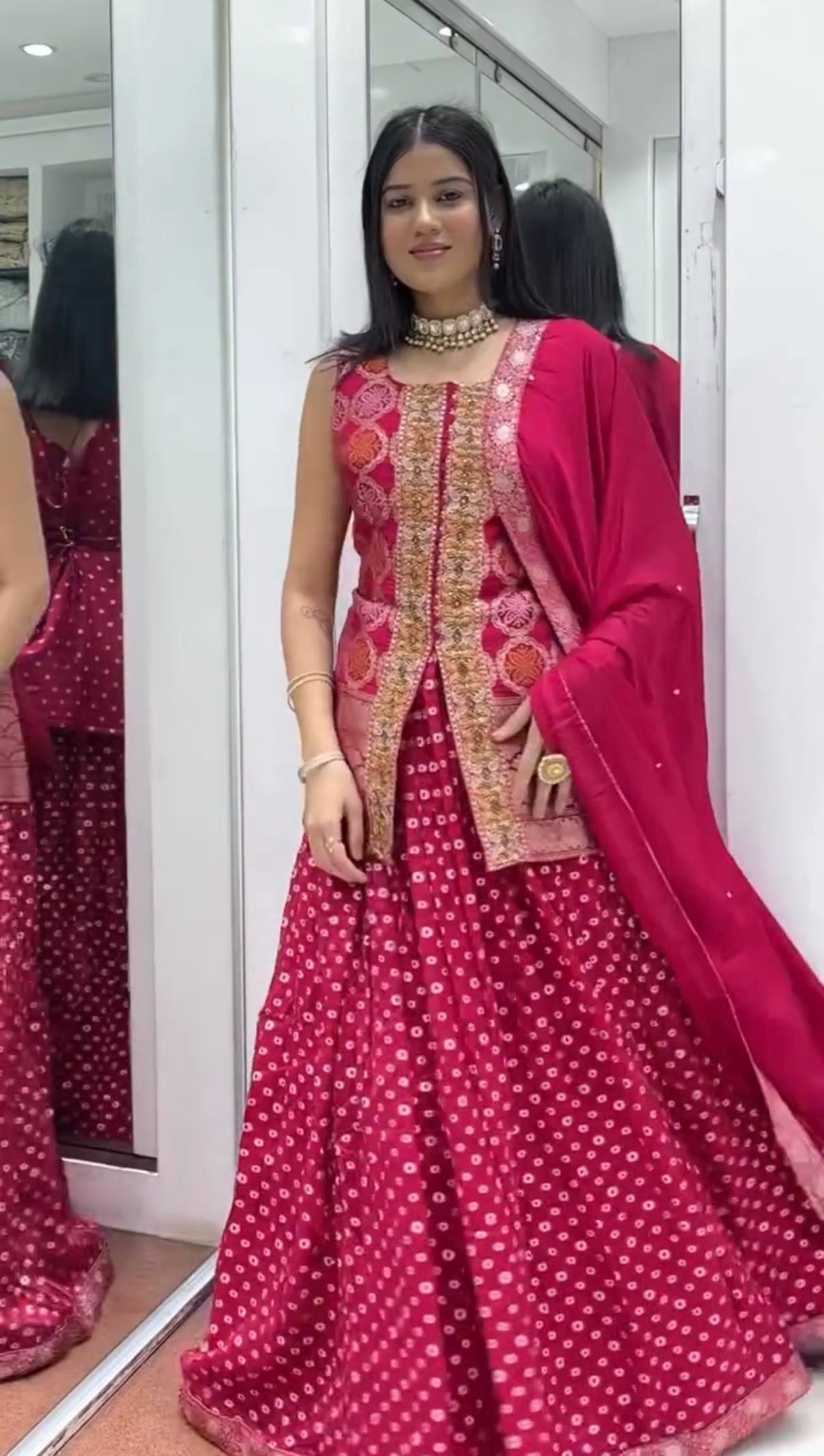 Premium Chinon 3-Piece Set – Embroidered Banarasi short kurti, Digital Print Lehenga & Lace Border Dupatta