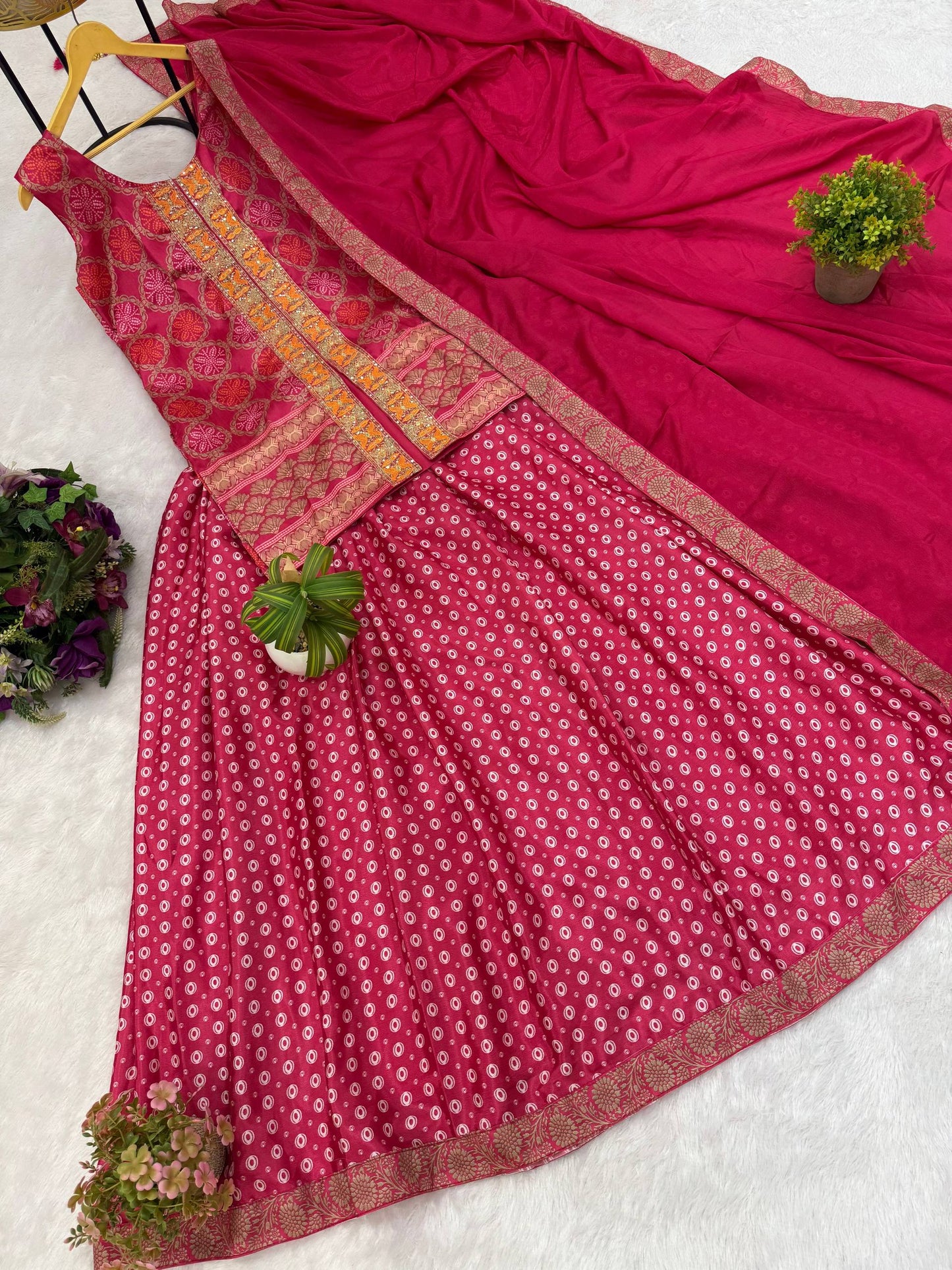Premium Chinon 3-Piece Set – Embroidered Banarasi short kurti, Digital Print Lehenga & Lace Border Dupatta