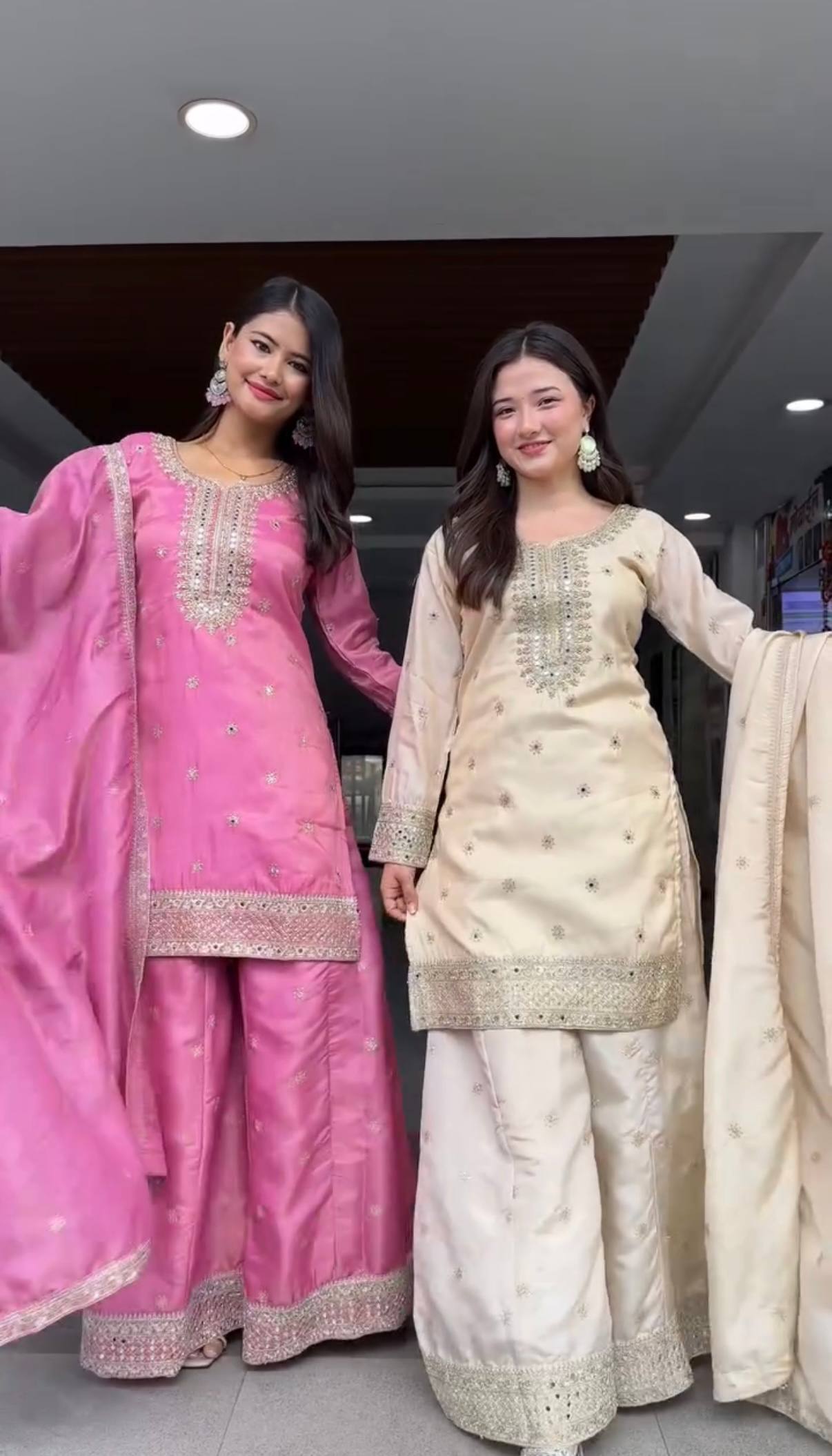 Luxury Embroidered Silk Kurta Palazzo Set with Tassel Detailing