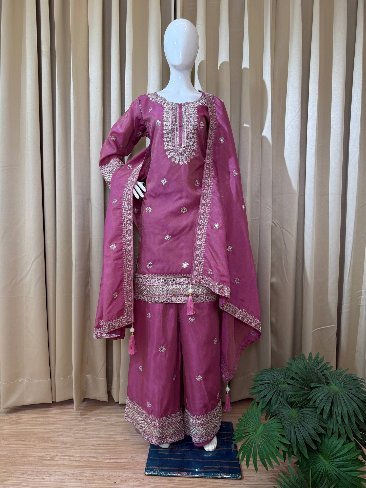 Luxury Embroidered Silk Kurta Palazzo Set with Tassel Detailing