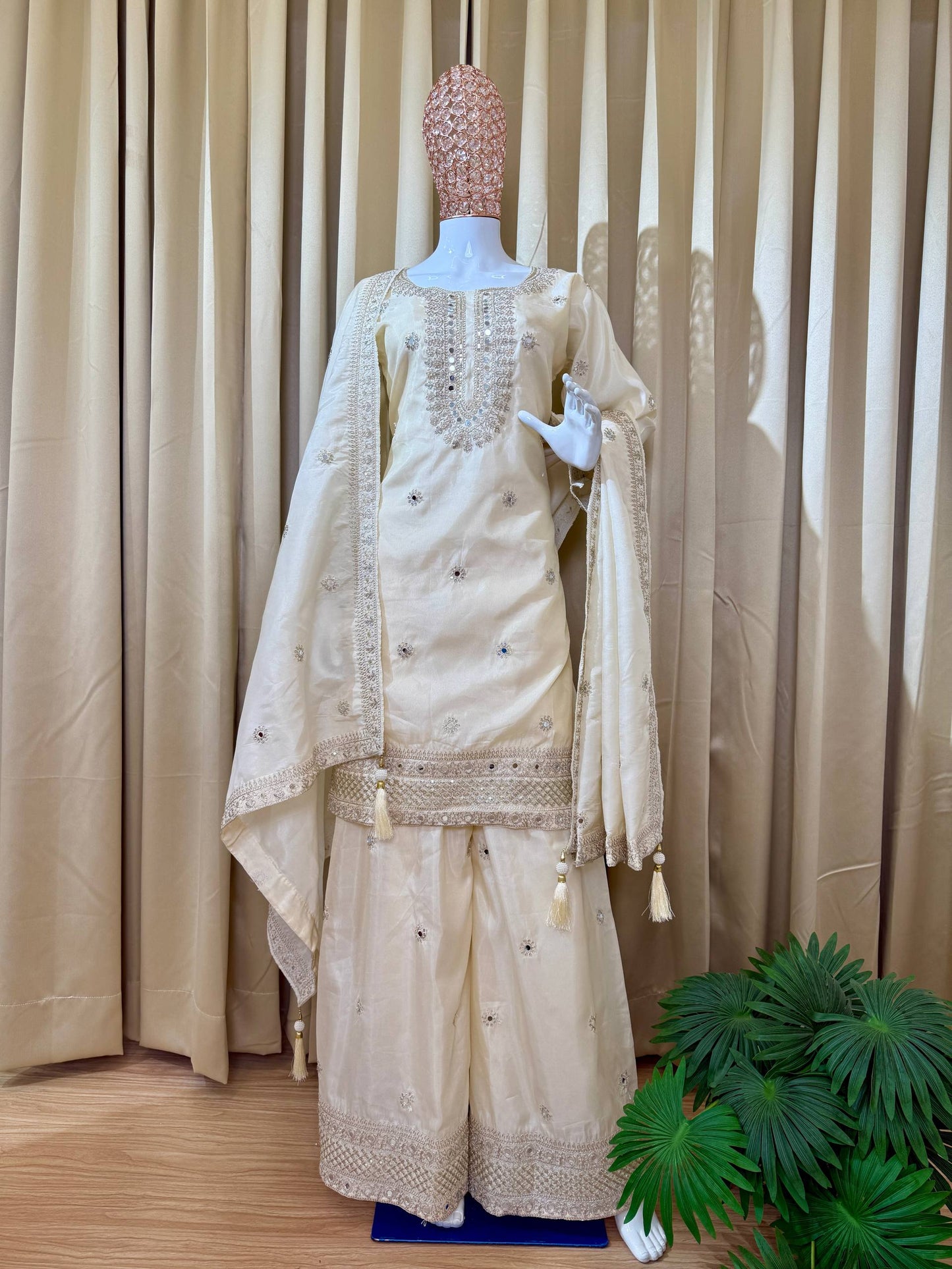 Luxury Embroidered Silk Kurta Palazzo Set with Tassel Detailing