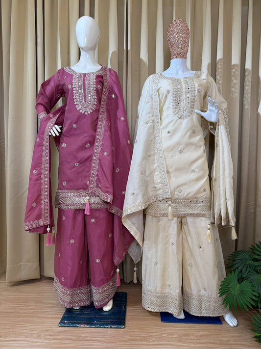 Luxury Embroidered Silk Kurta Palazzo Set with Tassel Detailing