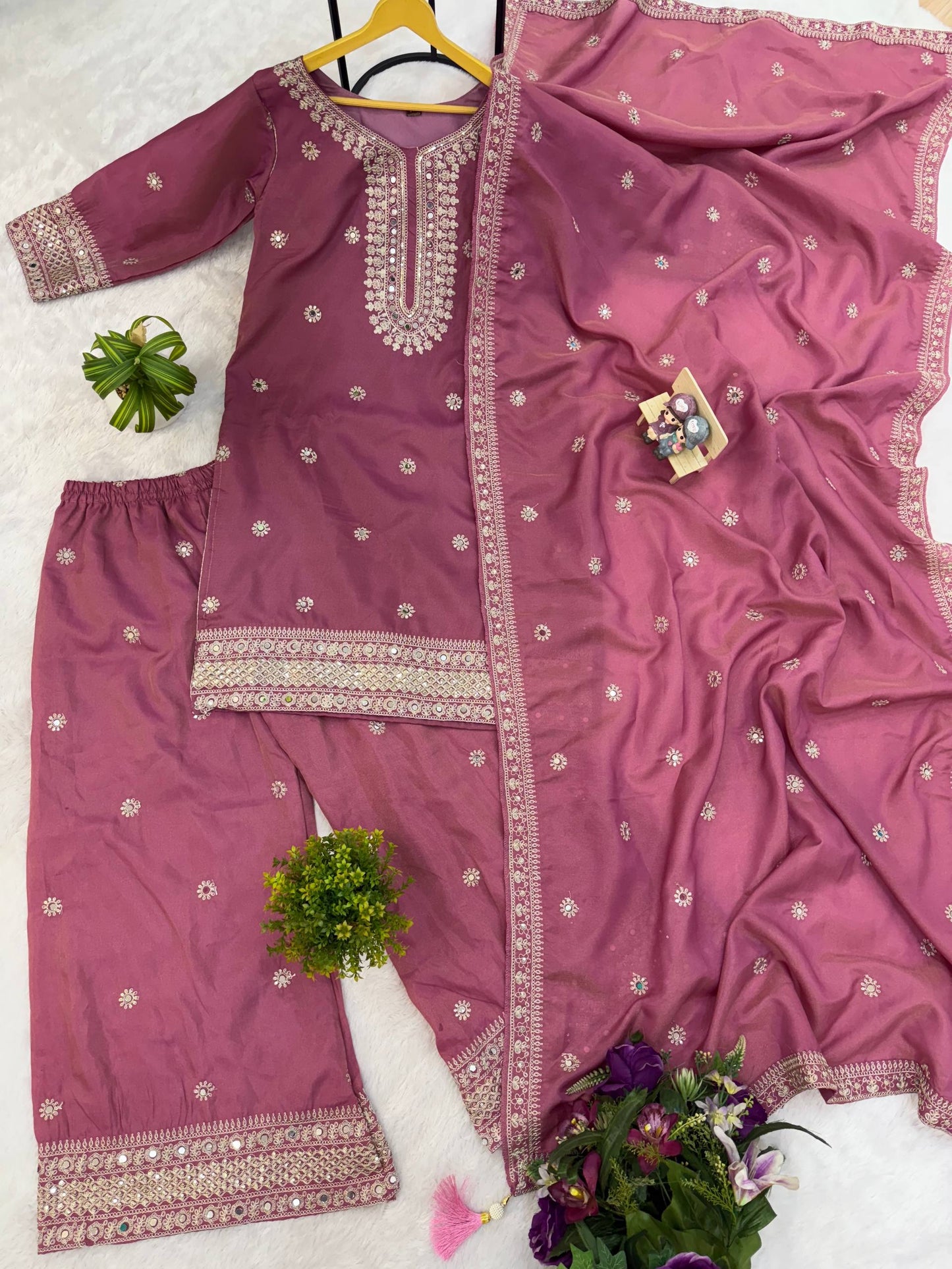 Luxury Embroidered Silk Kurta Palazzo Set with Tassel Detailing