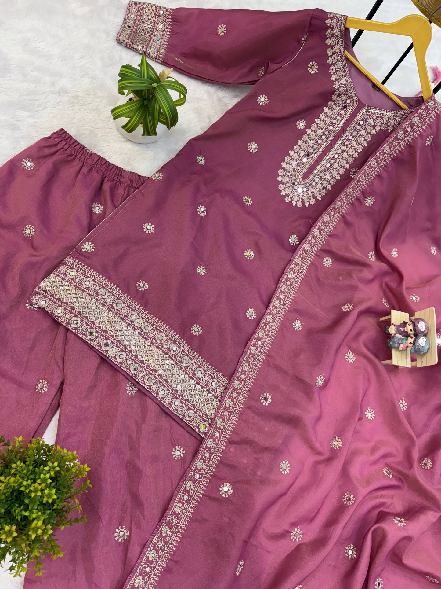 Luxury Embroidered Silk Kurta Palazzo Set with Tassel Detailing