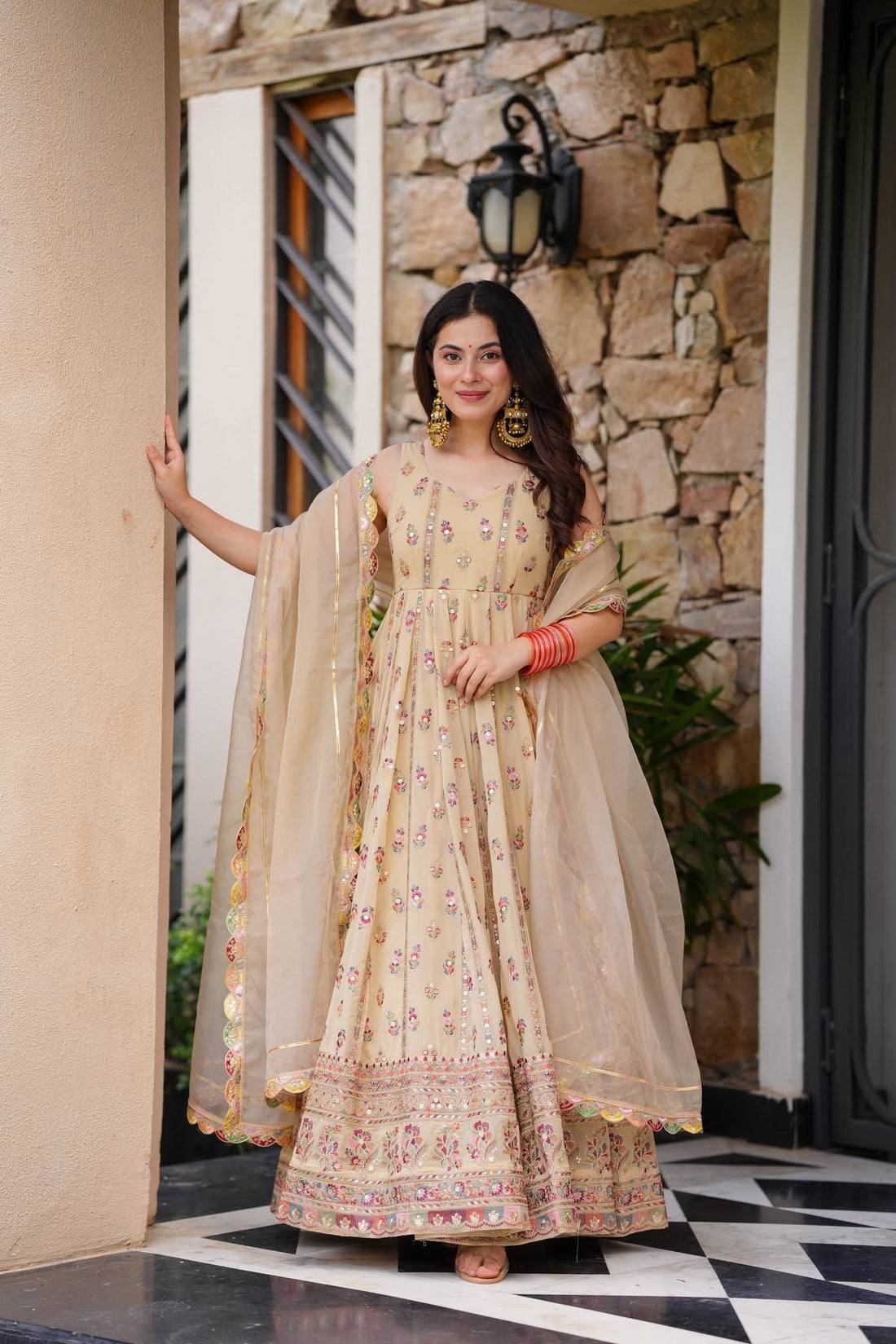 Premium Full Flair Gown &amp; Dupatta Set with Heavy Embroidery on Shimmer Fabric