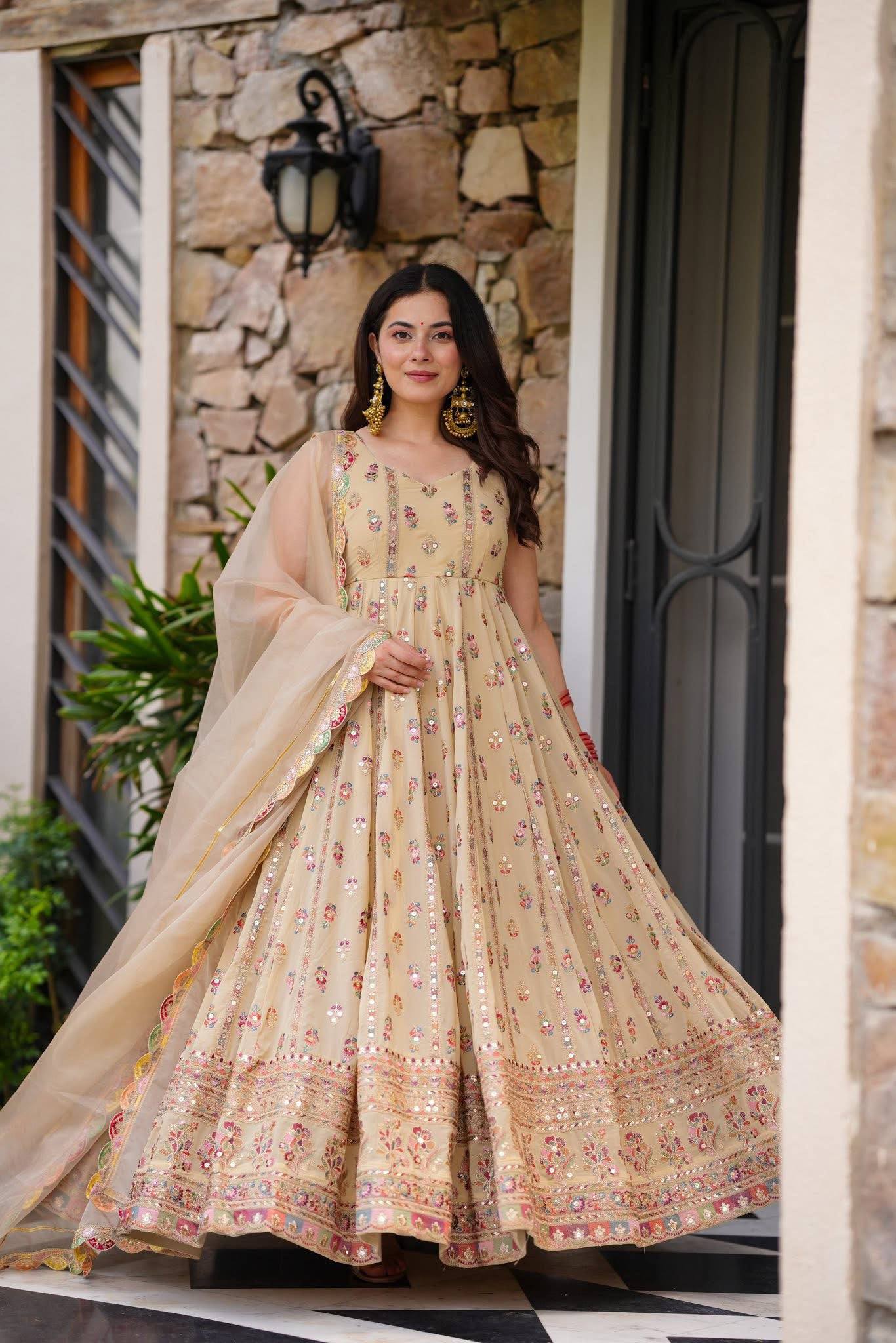 Premium Full Flair Gown &amp; Dupatta Set with Heavy Embroidery on Shimmer Fabric